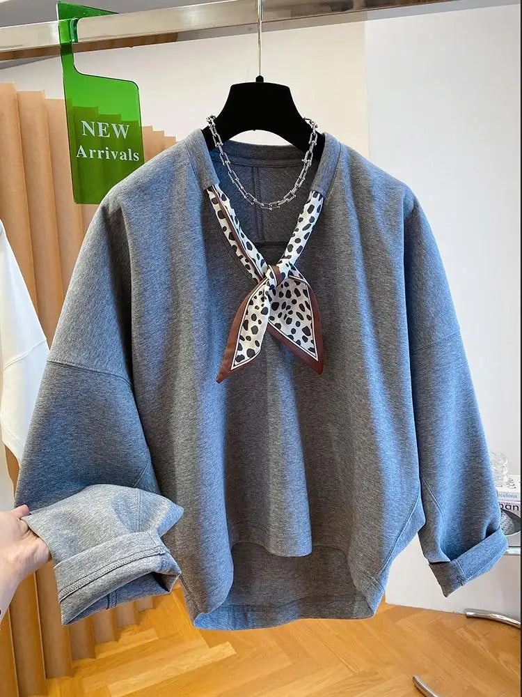 Women's Solid Color Sweatshirt with Scarf