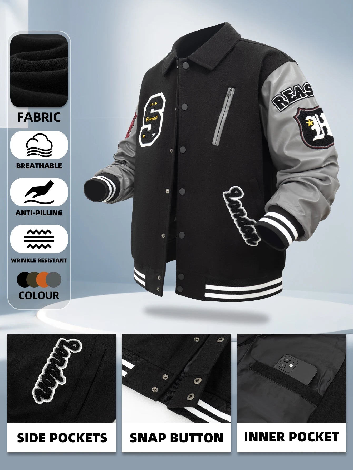 Men's Varsity Jacket Faux Leather Sleeve Vintage Motorcycle Coat Bomber