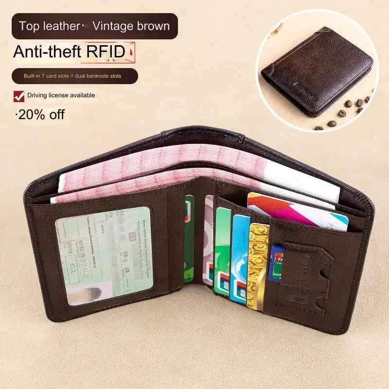 Genuine Leather Trifold Business Short Purse Wallet