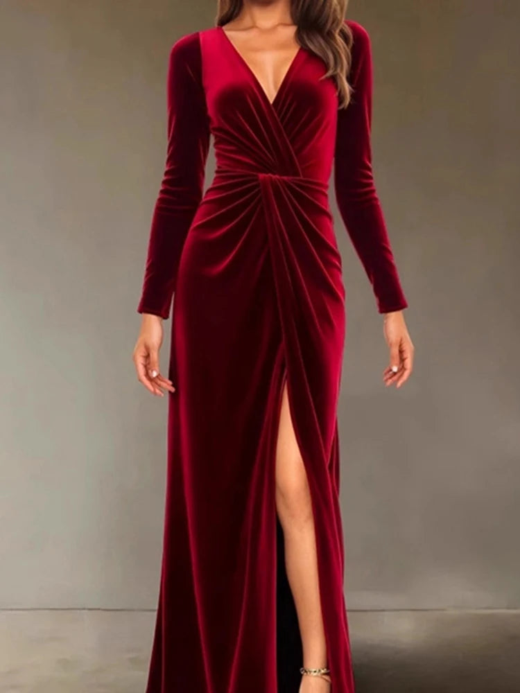 New V-neck Slim Twist High Waist Evening Dress
