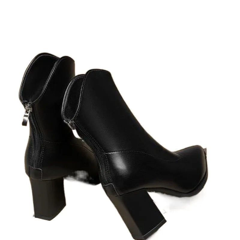 Women's autumn winter thick heeled pointed high-heeled short boots anti slip warm  shoes