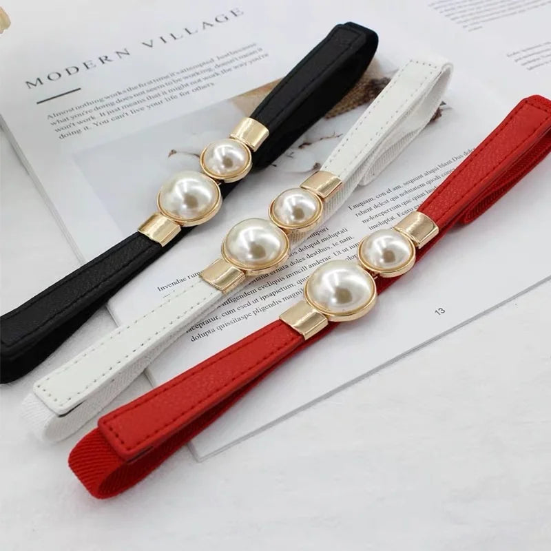 Double Pearls Buckle Elastic Women Belts
