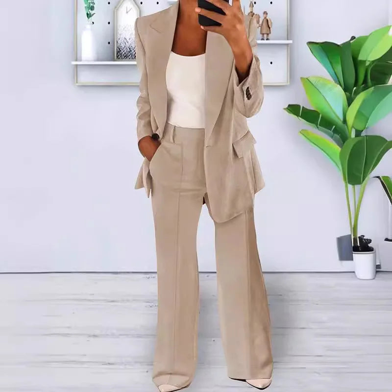 Women's Sets Two 2 Pieces Casual Pocket Single Button Blazer Jackets& High Elastic Waist Workwear Wide Leg Pant Suits