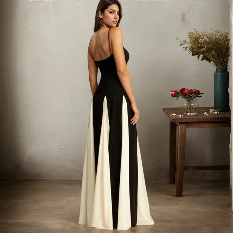 Slim Black And White Contrast Color Strap Dress Sexy V-Neck High Waist Dress