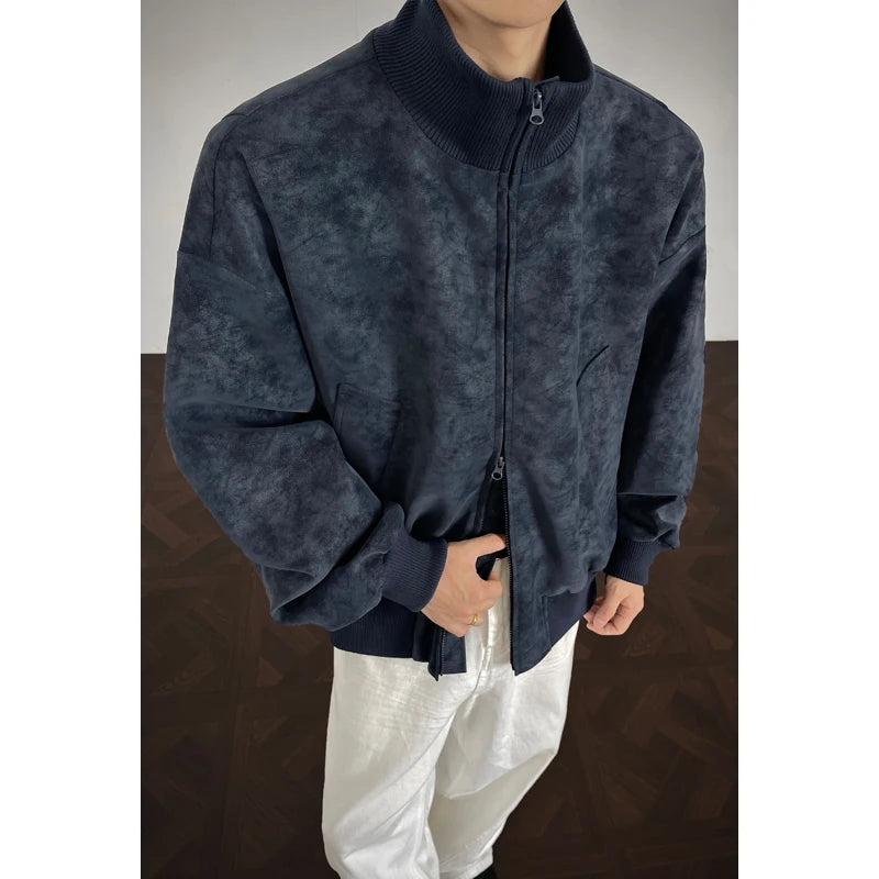 Vintage Tie-Dye Suede Jacket Men Bomber Jacket Oversized Boxy Fit Vintage Washed Texture