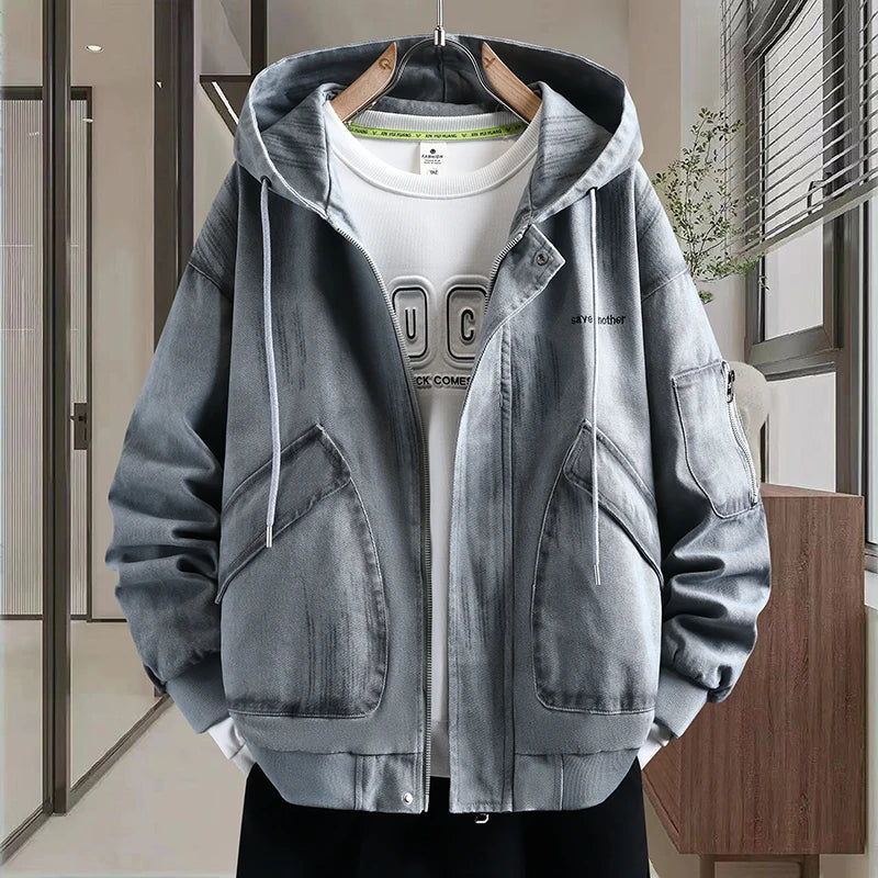 Men's Fashionable Denim Jacket - Cotton Blend Hooded Pullover