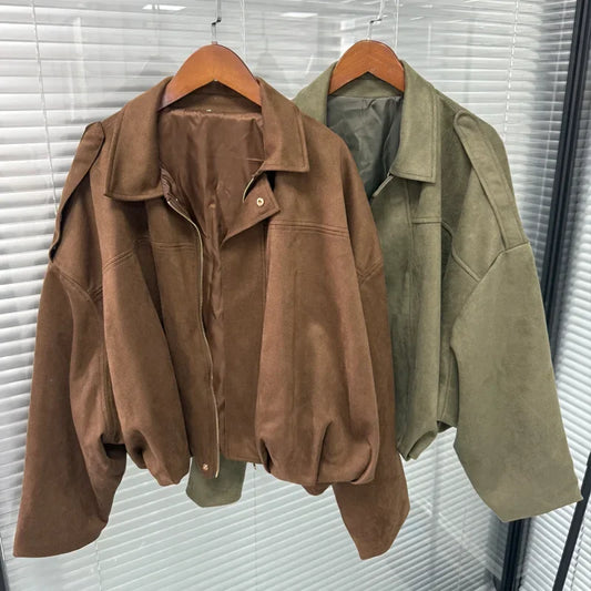 Women's Bomber Jacket Lapel Long Sleeve Zipper Suede Jacket