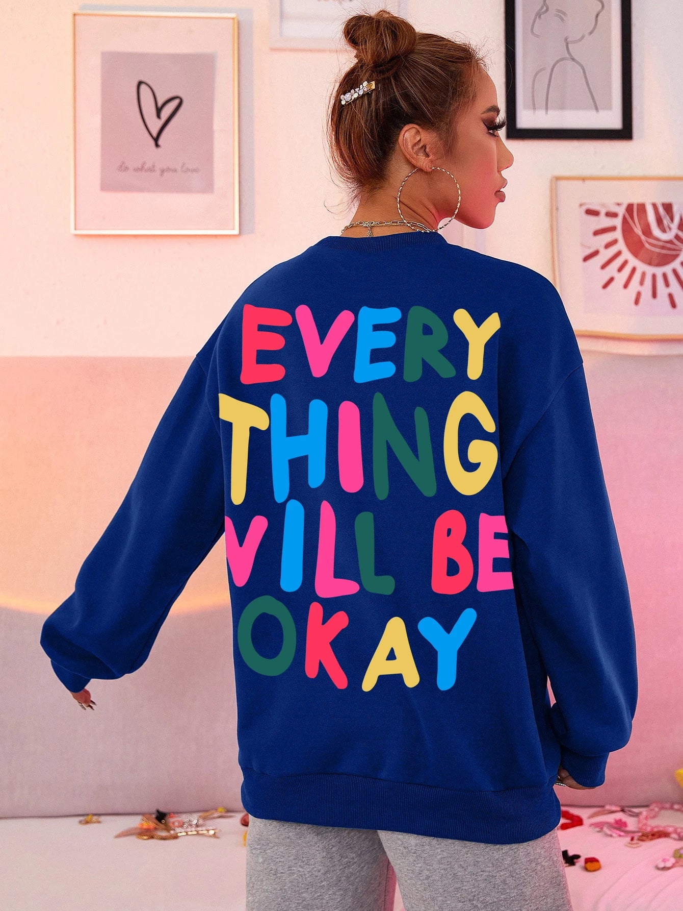 Woman's Sweatshirt  Letter Printed Pullover Loose Warm Crewneck Hoodies