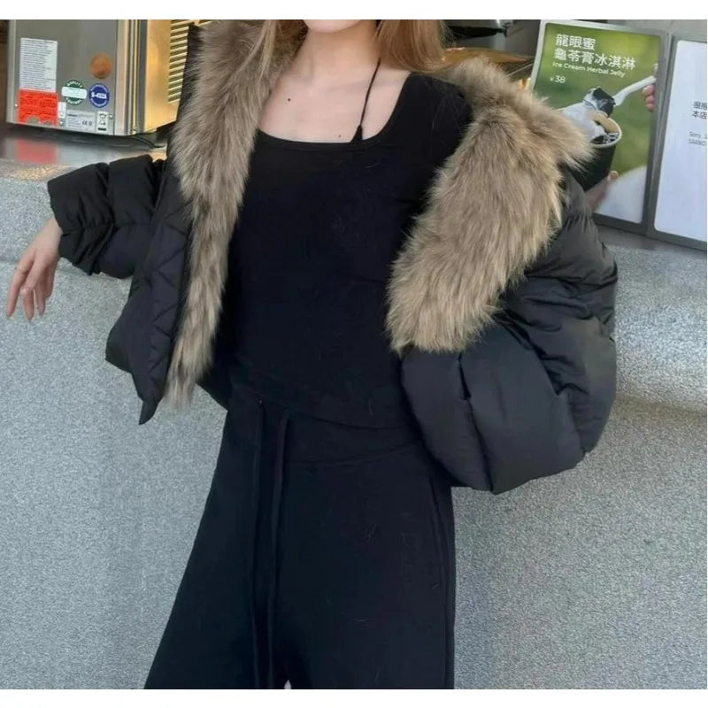 Short Puffer Jacket with Large Fur Collar for Women