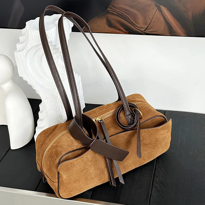 Women's Bowling Tote Bag Suede Leather Handbag Top Grain Leather Single Shoulder Underarm Bag