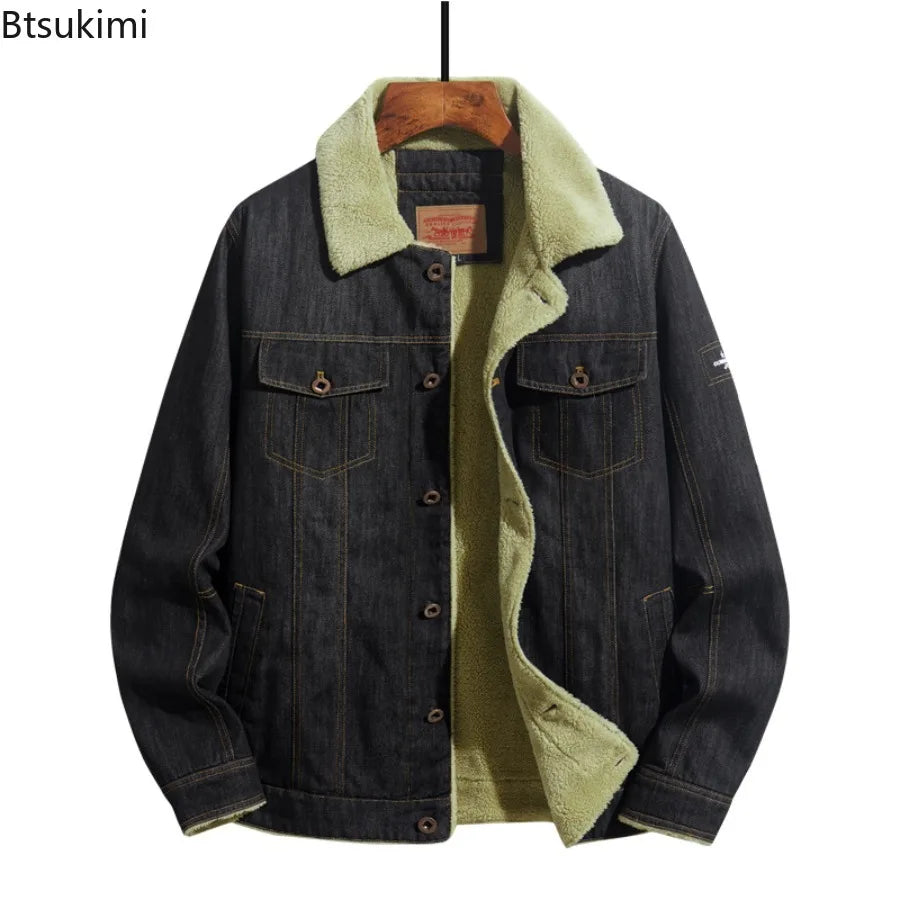 Men Denim Jackets Autumn Winter Lamb Fleece Lining Warm