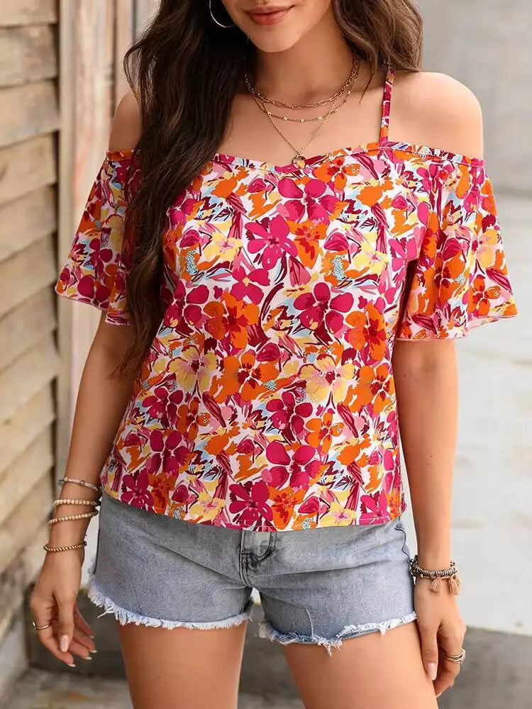 Blouse Spring Summer Colorful Floral Print Off Shoulder