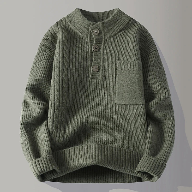 Men's Designer Original Cable Knit Henley Sweater Mock Neck Chest Pocket