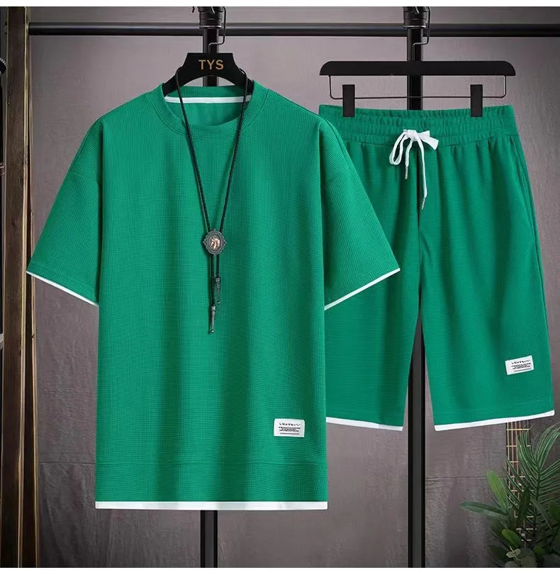 Men's Summer Waffle Set Brand Fashion Casual T-shirt
