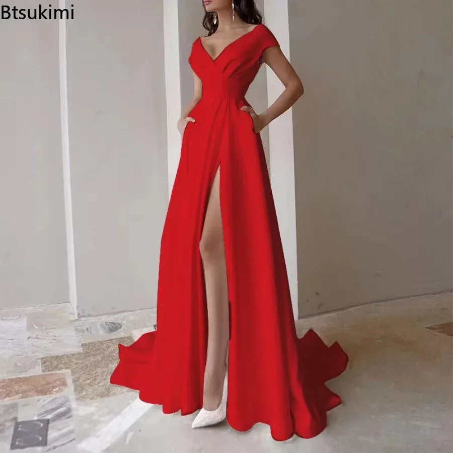 Sexy V-neck Ruffle Solid Mid Waist Temperament Maxi Dress