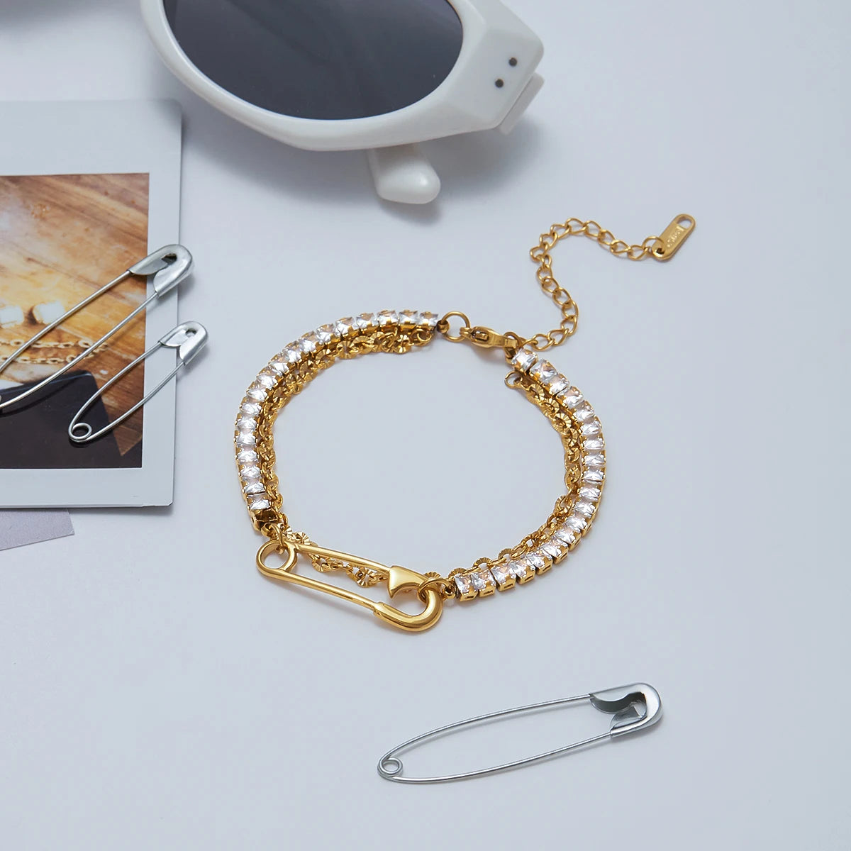 Square White Zircon Bracelet Paper Clip Double layer Bracelet