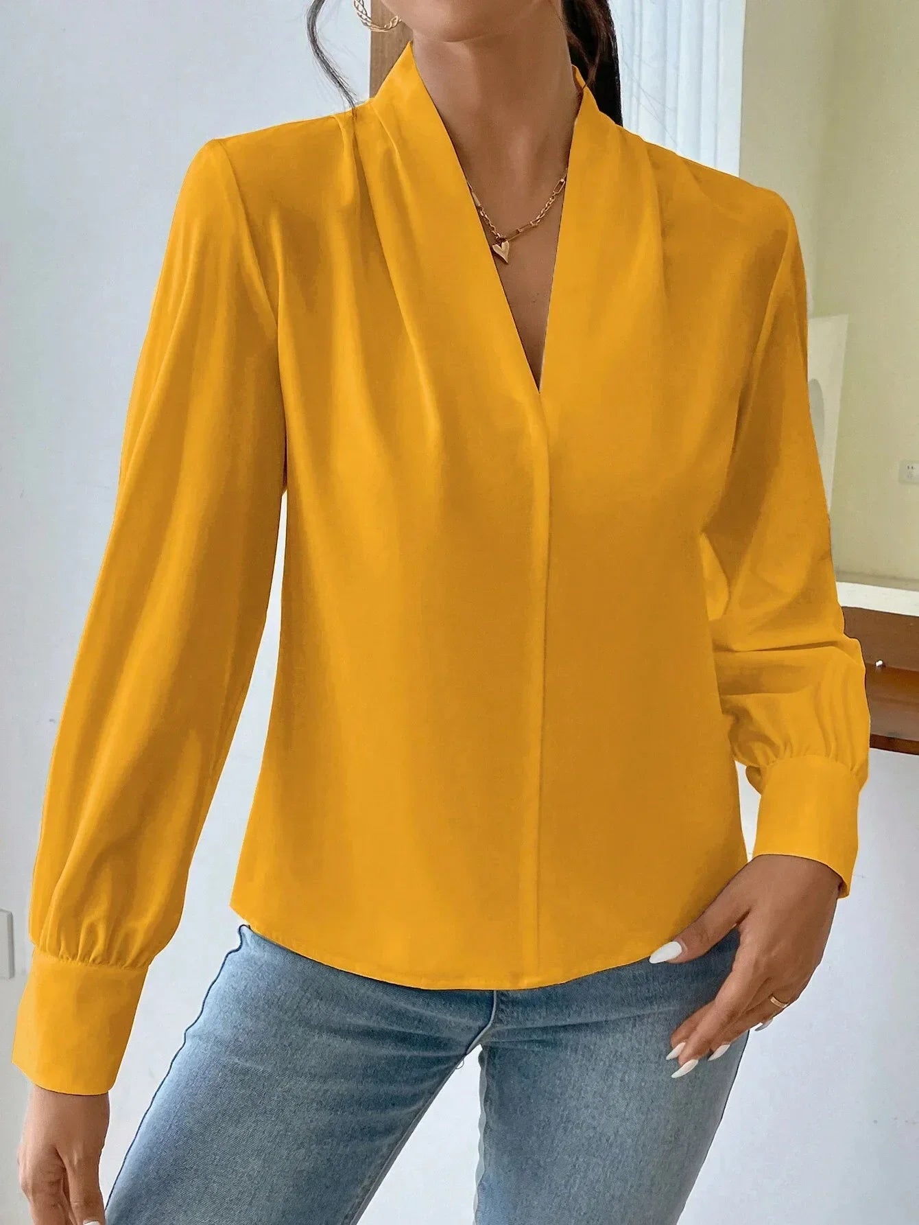 Women's Elegant Blouses Solid Color Long Sleeve V Neck Shirts