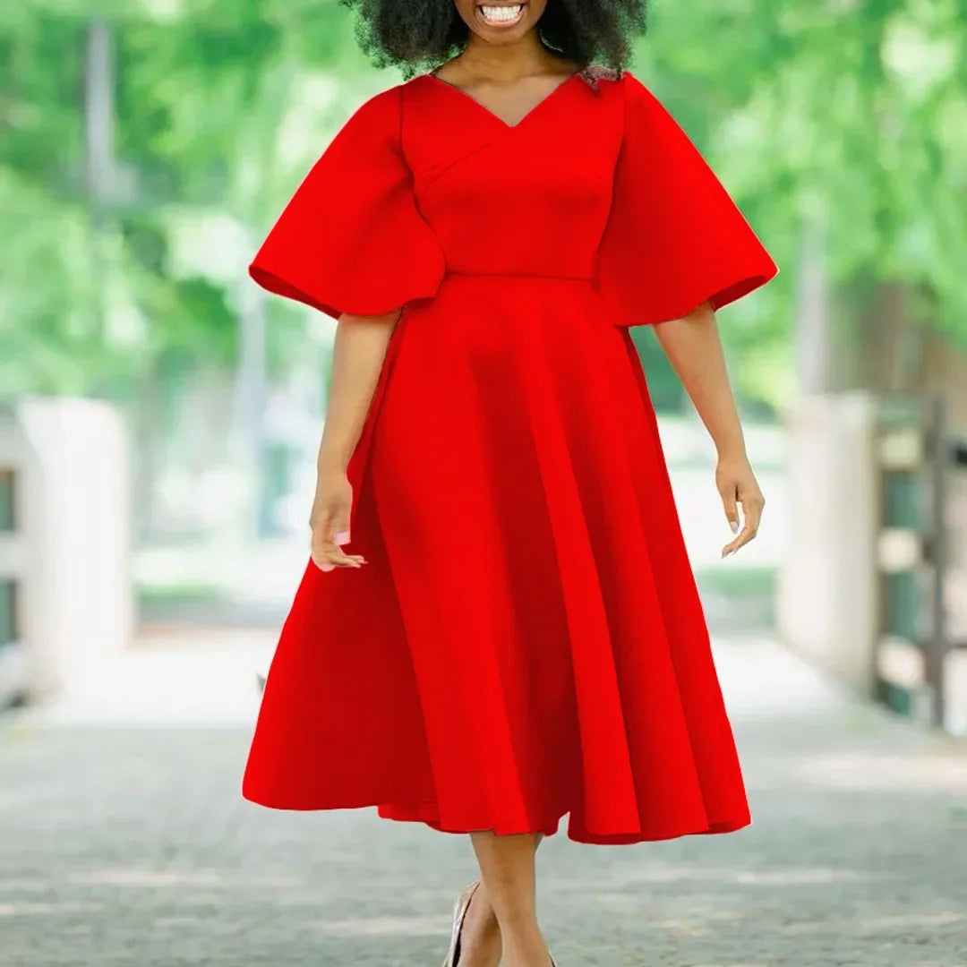 V Neck Flare Sleeve High Waisted Pleated A Line Mid Calf Luxury Dress