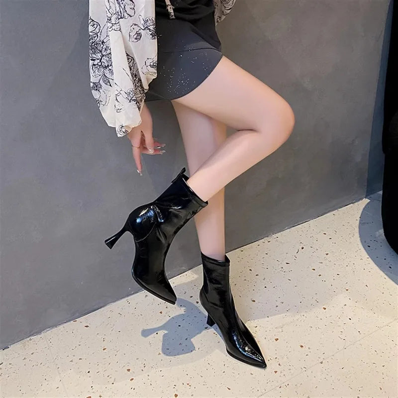 Pointed Toe High Heels Elegant Women Boots Chunky Leather Shoes