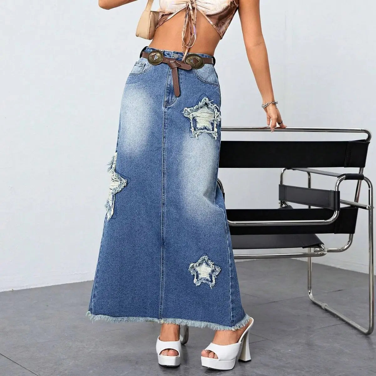 Denim Long Split Ripped Pentagram Patchwork High Waist Skirt