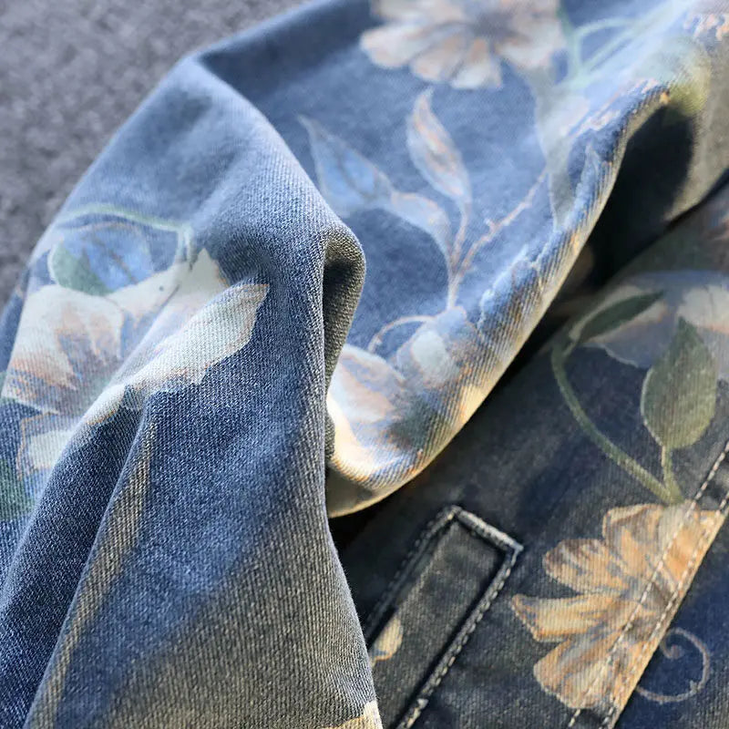 Mens Causal Oversized Cotton Casual Blue Denim print Jacket