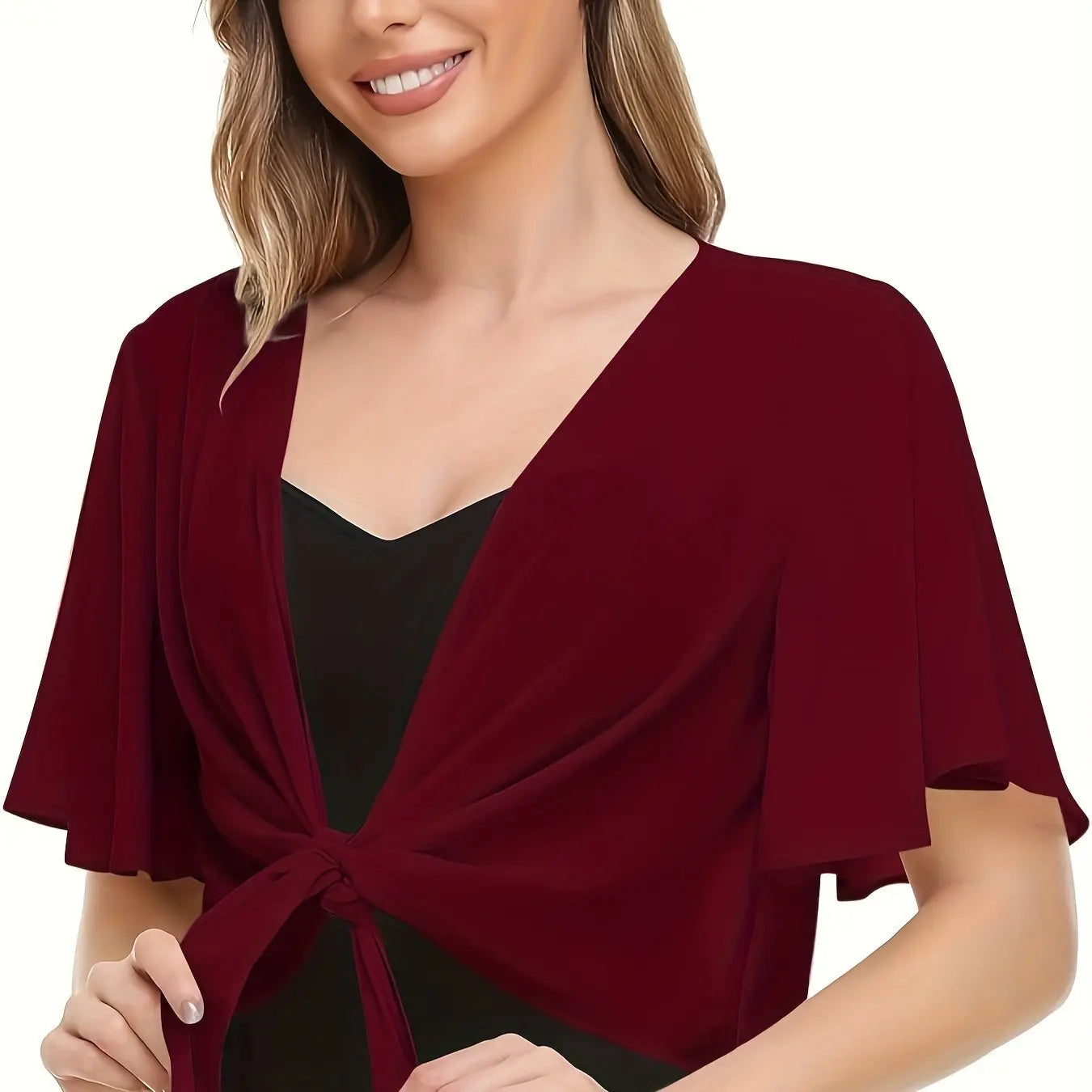 women's blouse solid color short-sleeved cardigan thin chiffon cape tied