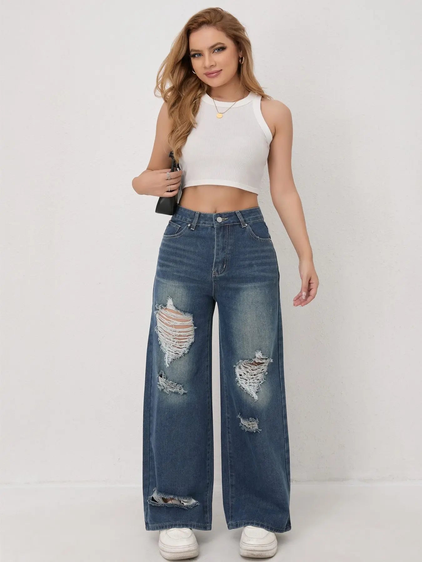 High-waisted Ripped Loose Wide-leg Jeans