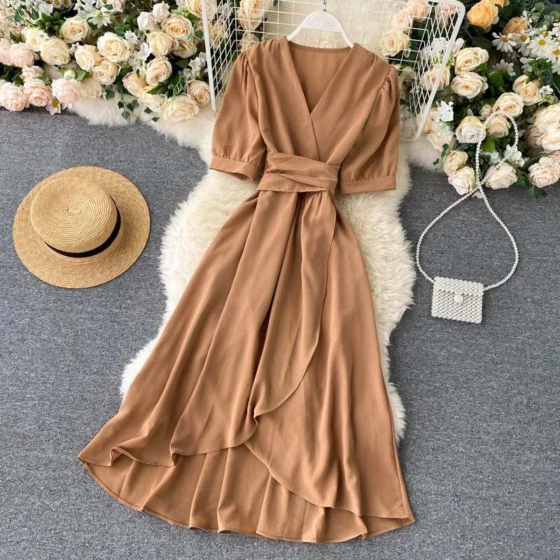 New Temperament V-neck Solid Color Bubble Short-sleeved Dress