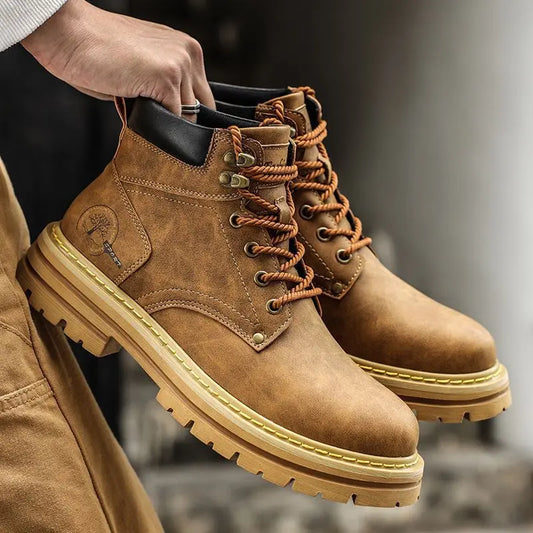 Fashion Men Boots Comfortable Platform Leather Shoes Brown Non-slip Work Boots
