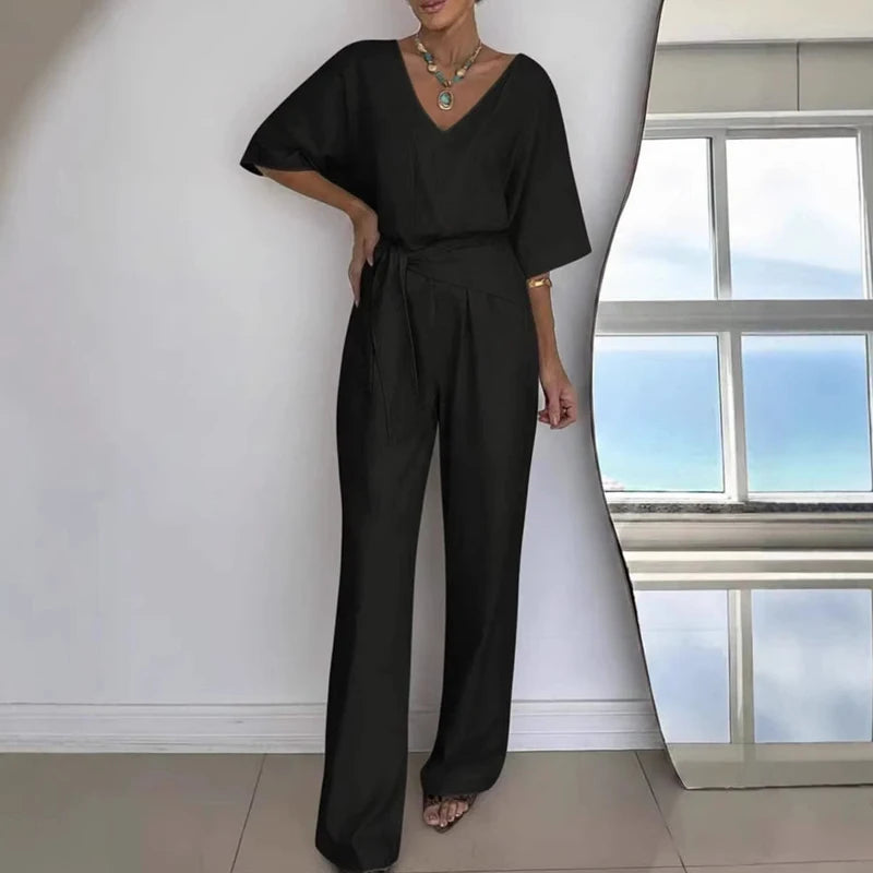 Women's Fashion Loose Playsuits Simple Solid V-neck Short Sleeved Romper
