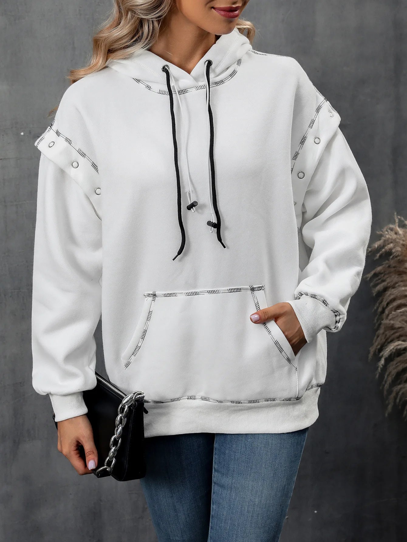 Women's Hooded Sweatshirt with Shoulder Sleeves and Drawstring