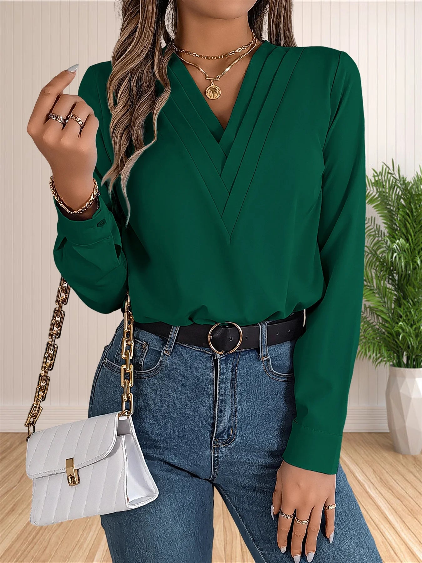 Business Office Blouse Layered V Neck Long Sleeve