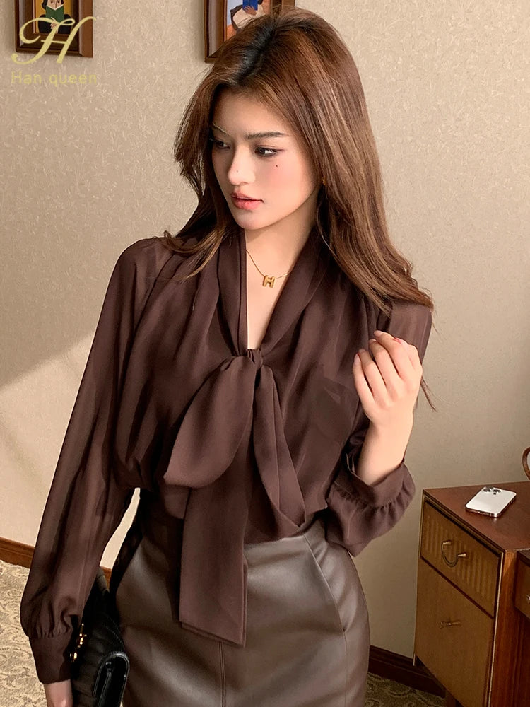 Womens Blouse Vintage Bow Elegant Loose