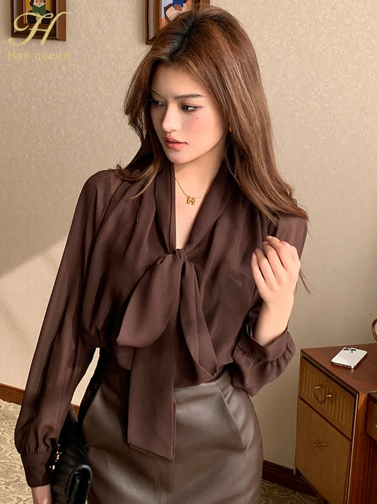 Womens Blouse Vintage Bow Elegant Loose