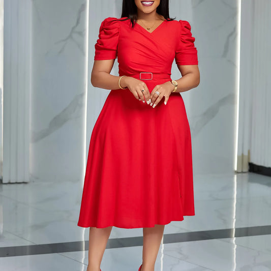 V Neck Short Sleeve Belt Waisted Pleated Party Dress