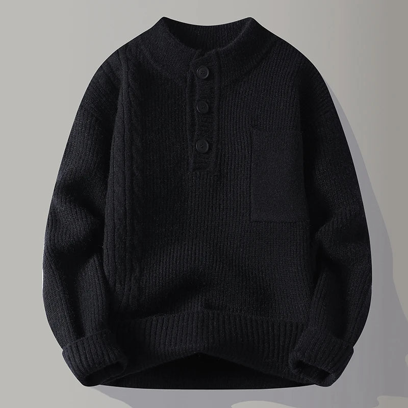 Men's Designer Original Cable Knit Henley Sweater Mock Neck Chest Pocket