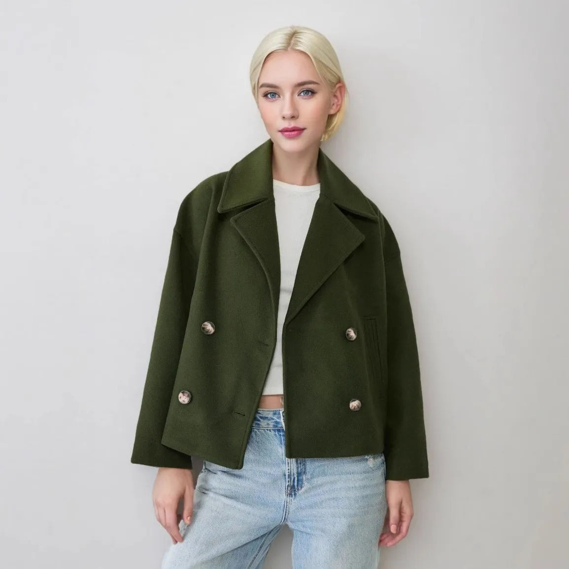 Women Wool Coats Elegant Short Coat Double Breasted Long Sleeve Jackets