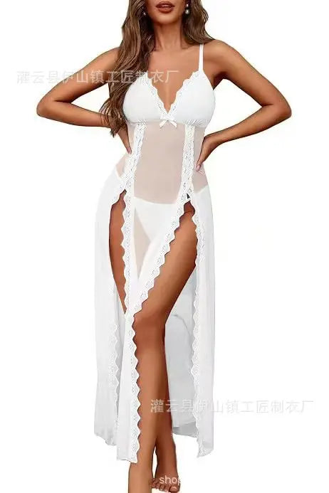 Sexy Lingerie Deep V  High Slit See Through Night Dress Women Pajamas Dress
