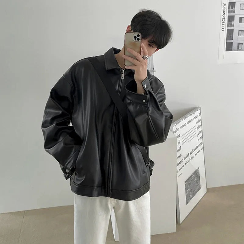 Black PU Leather Oversized Coats Collar Zip-Up
