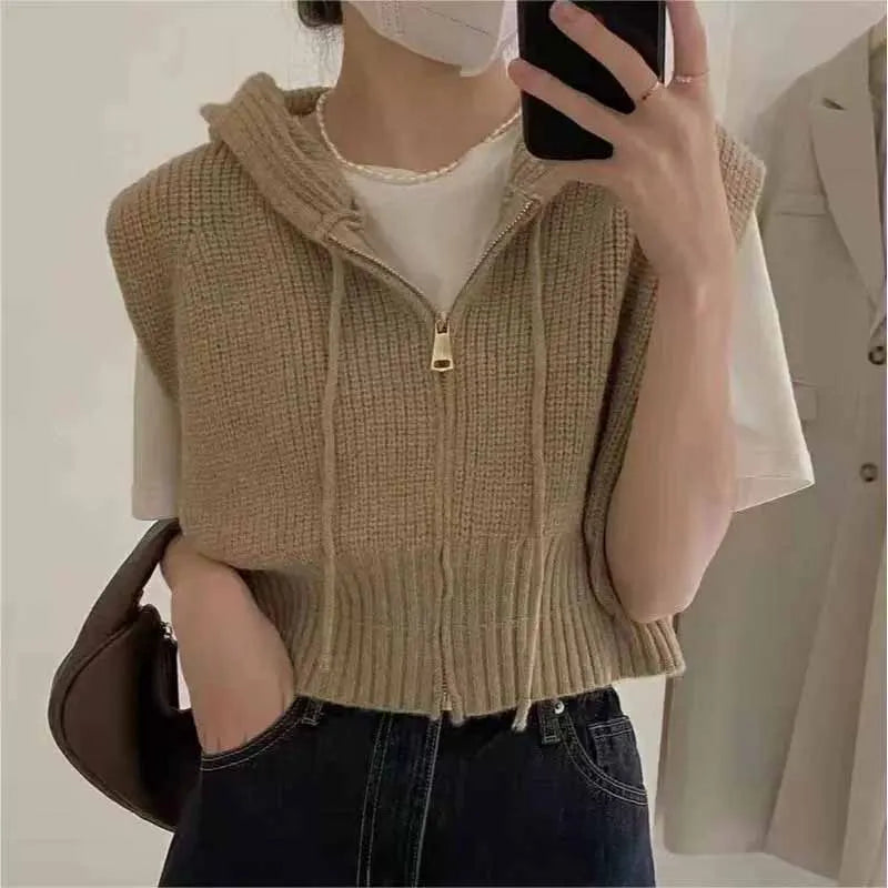 Women's Cropped Knitted Waistcoat All-Match Sleeveless Knitwear Tops