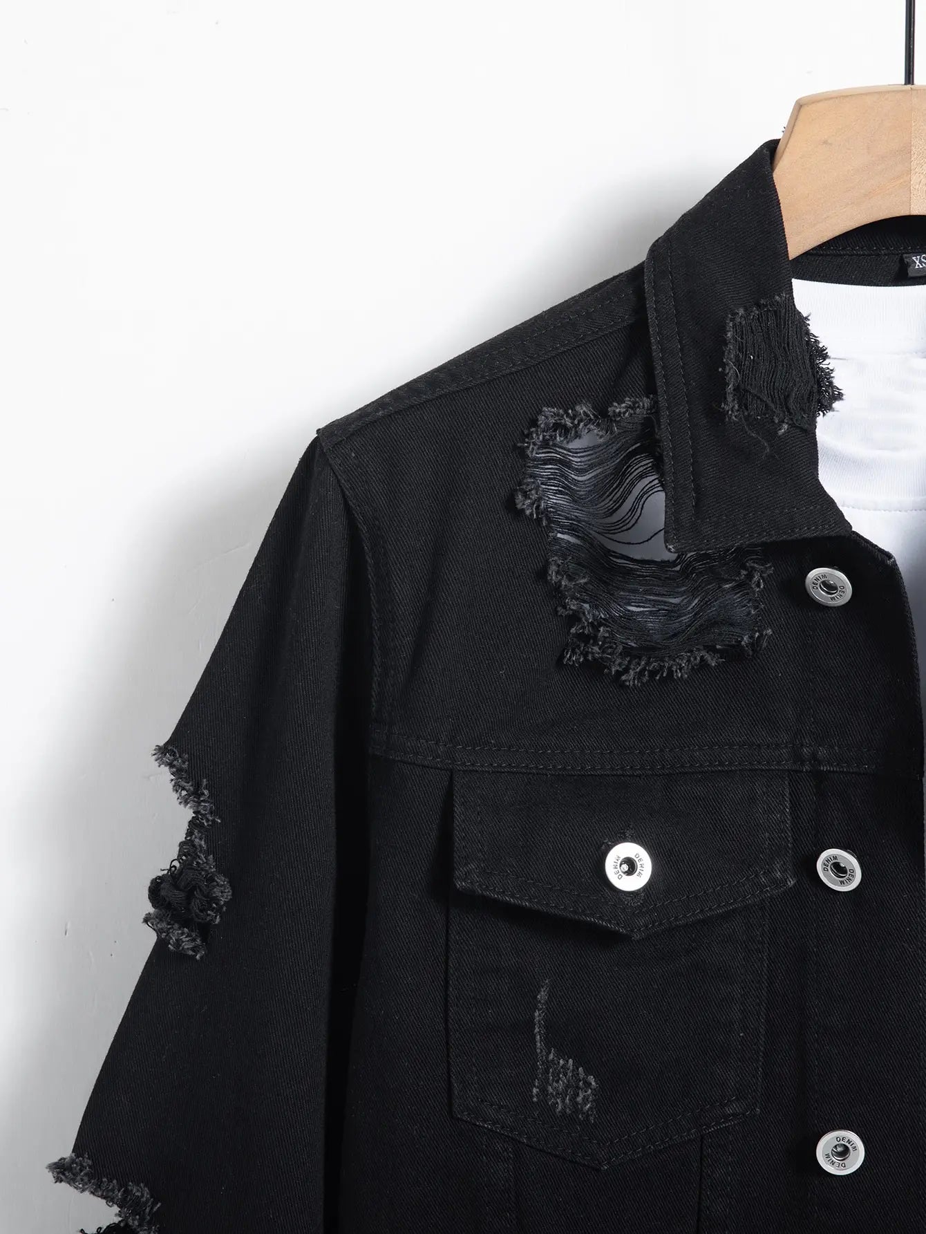 Men's denim jacket for spring and autumn. Black ripped jacket.