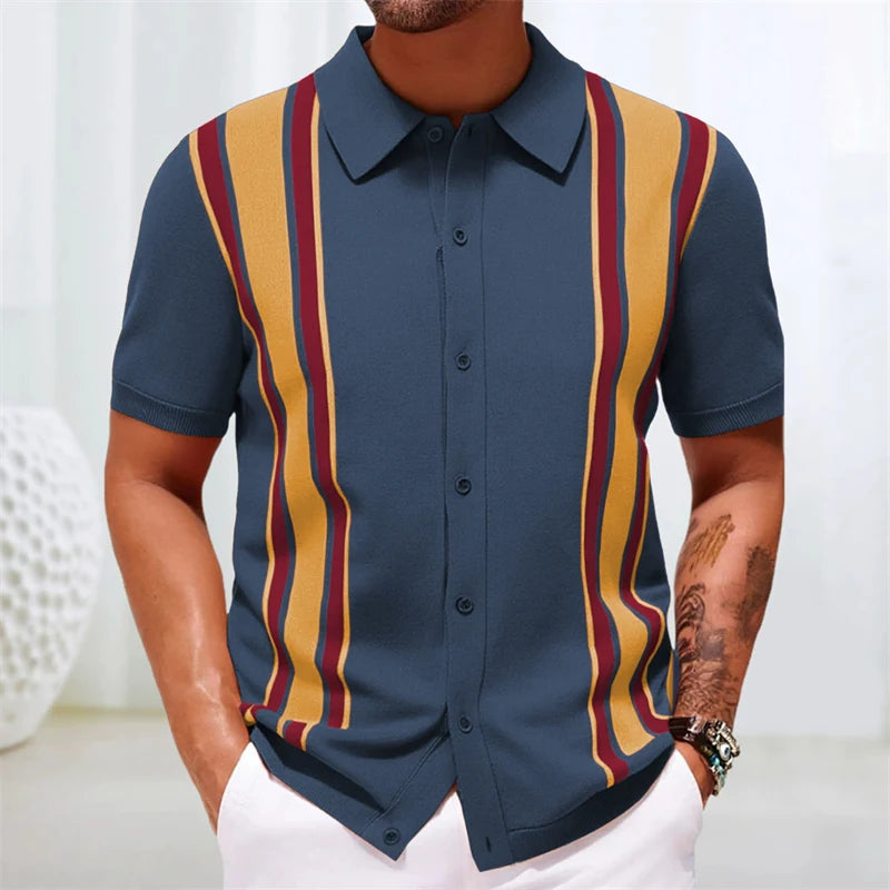 Jacquard Polo Shirts Man Knitwear Business Casual Summer  Viscose Elastic Silky Camisas