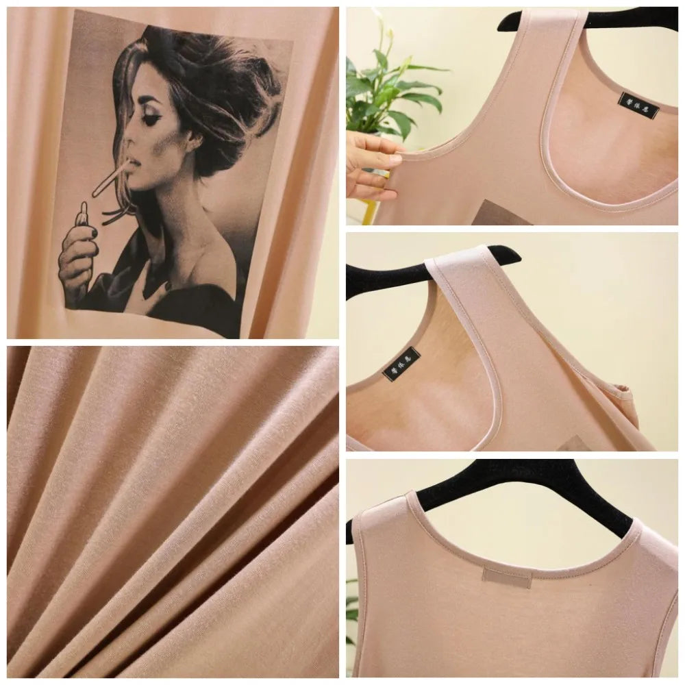 Women Long Tank Tops O-Neck Fashion Print