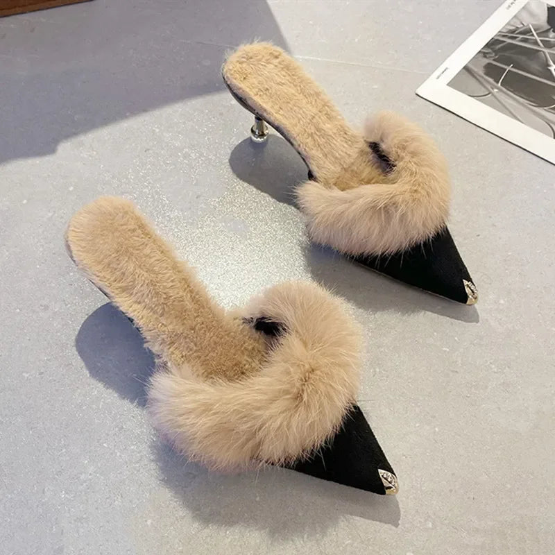 Women High Heel Shoes Fur Slippers Mules Pointed Toe Furry Slides