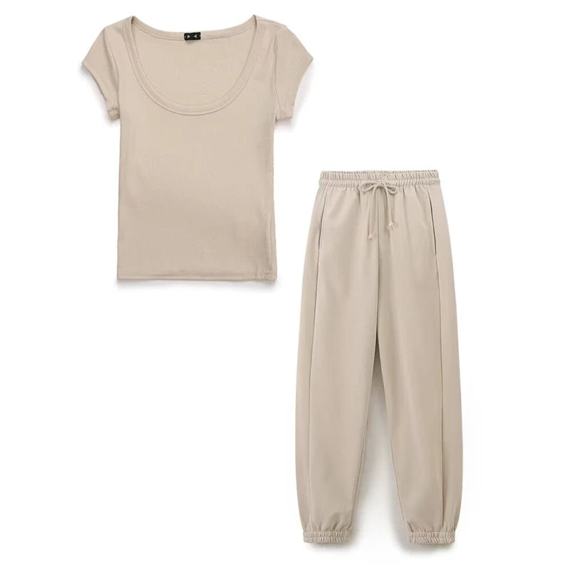 Women's  Cotton Crew Neck Ribbed Slim T-Shirt Jogger Pants Set t