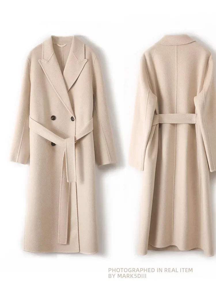 Wool Peak Lapel Overcoat Belt Double-Breasted Long Jacket Trench Coat