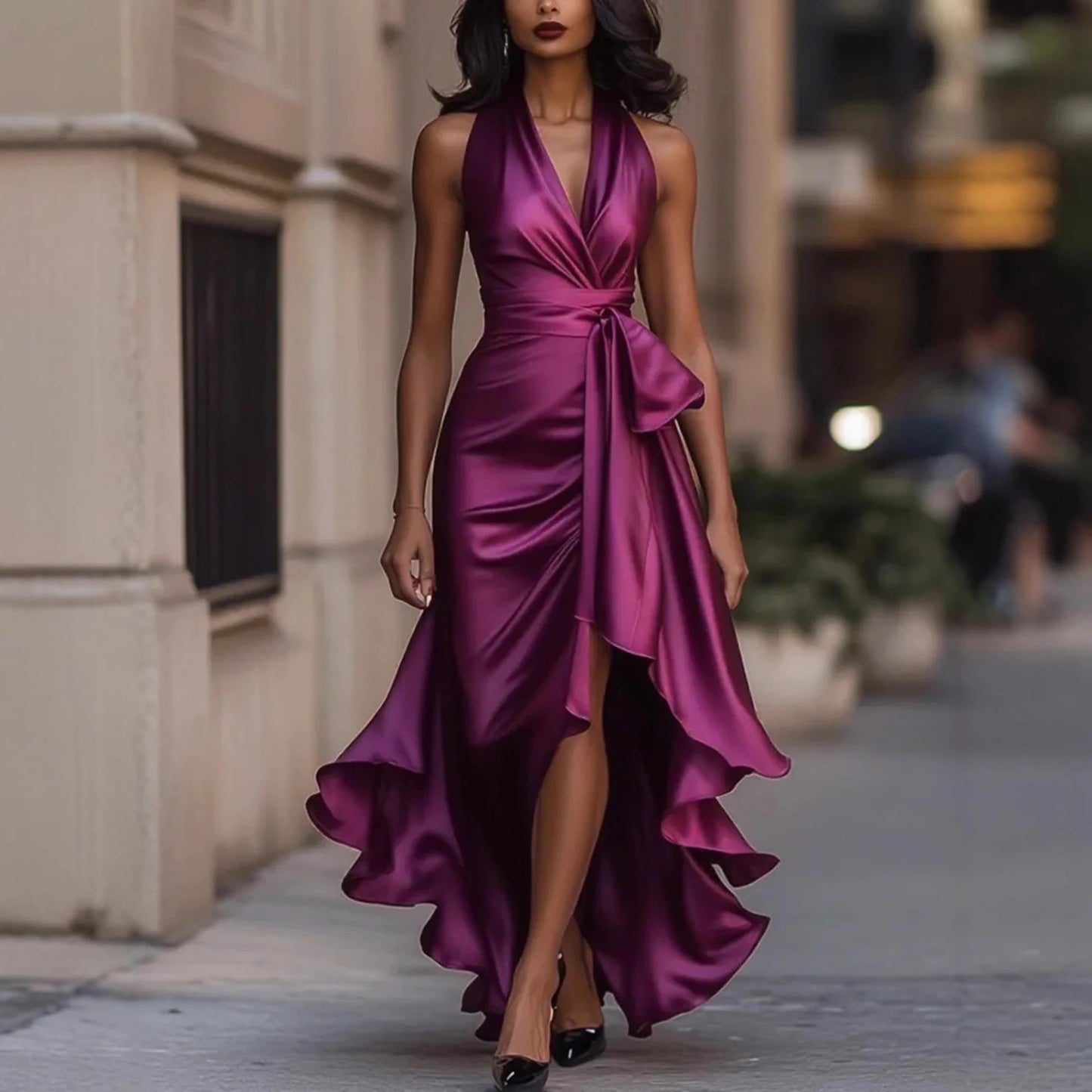 Women's Deep V-Neck Ruffled Evening Gowns