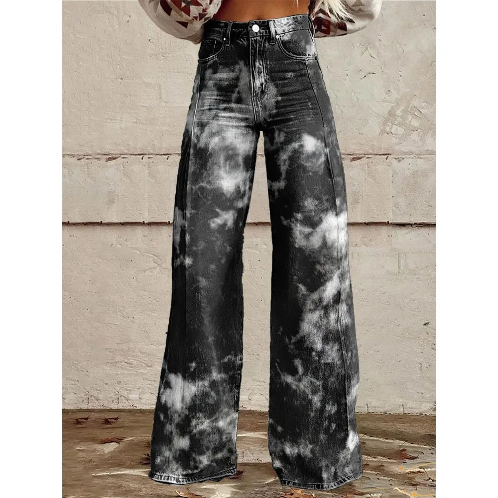 High Waisted Wide Leg Pants Artistic Ink Wash