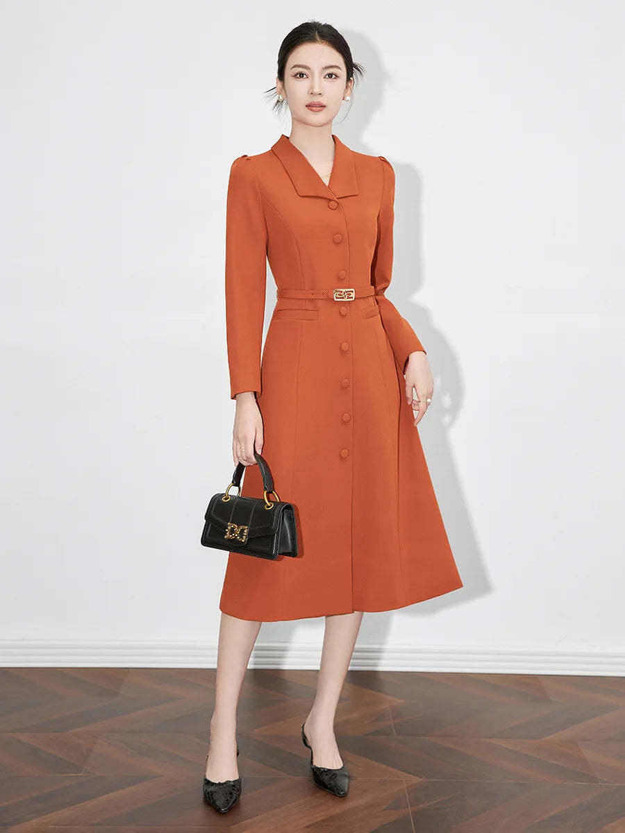Women's Turn-down Collar Sleeves Single Breasted Sashes Dress