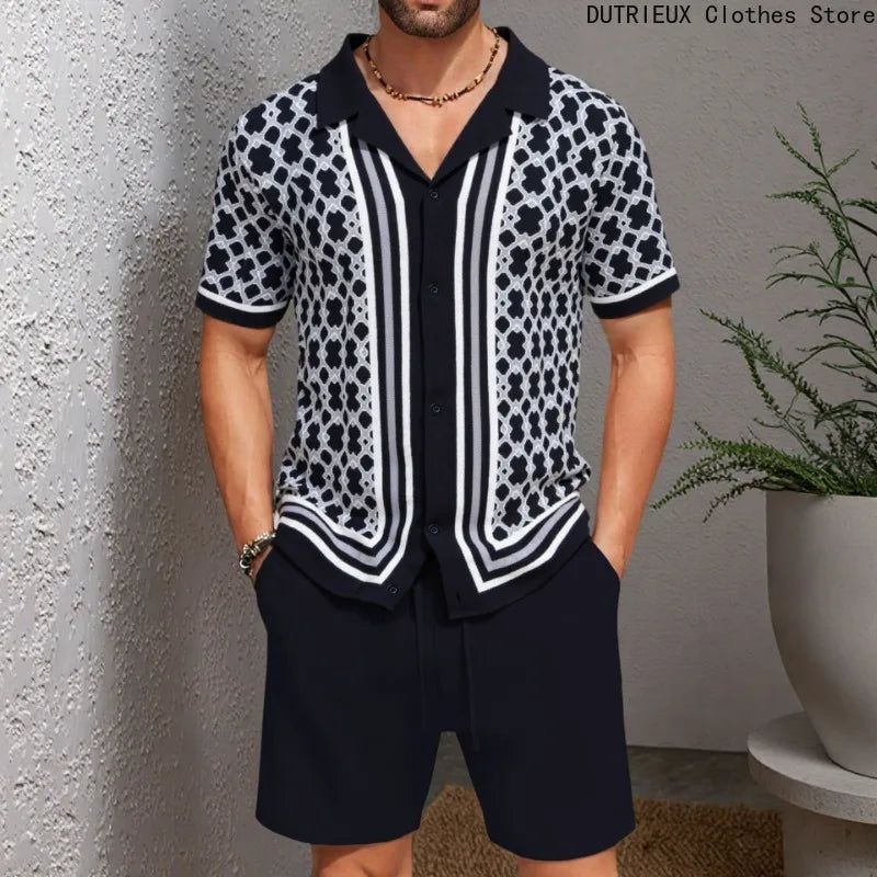 High-quality Jacquard Knitted Suits for Men Collar Knitted Shorts Sets